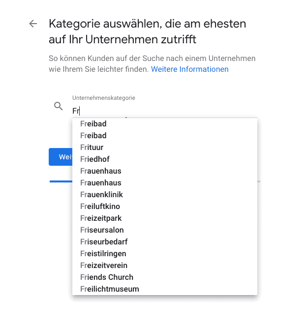 Google My Business Kategorie auswählen