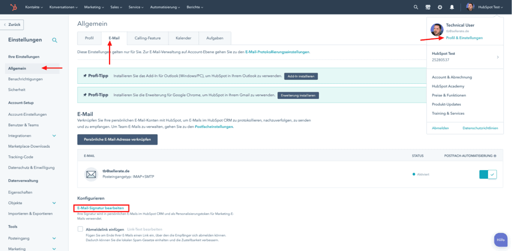 E-Mail-Signatur in HubSpot bearbeiten