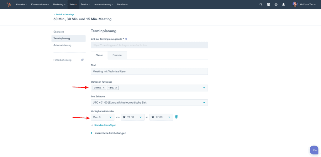 HubSpot Meetings Dauer einstellen