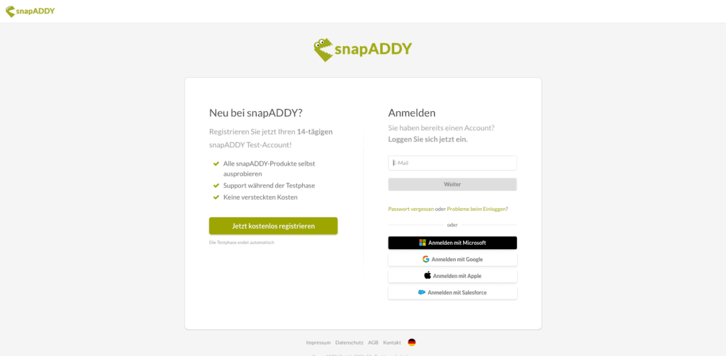 snapADDY Login-Seite