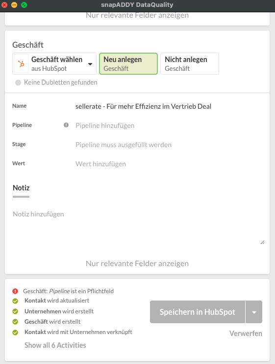 snapADDY Zusammenfassung der CRM-Aktionen